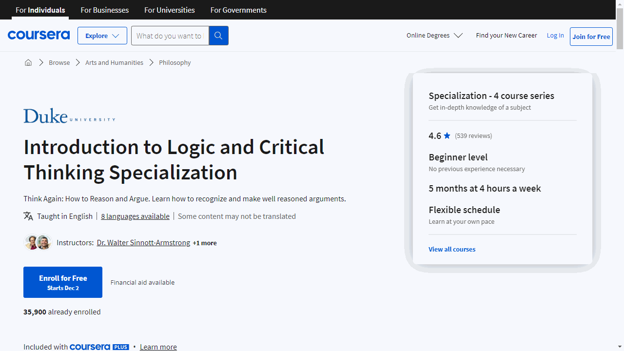 Introduction to Logic and Critical Thinking Specialization