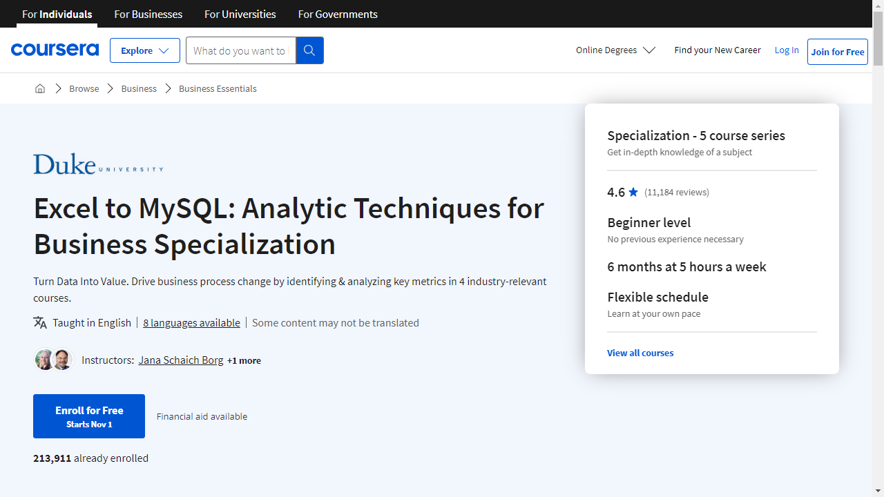 Excel to MySQL: Analytic Techniques for Business Specialization