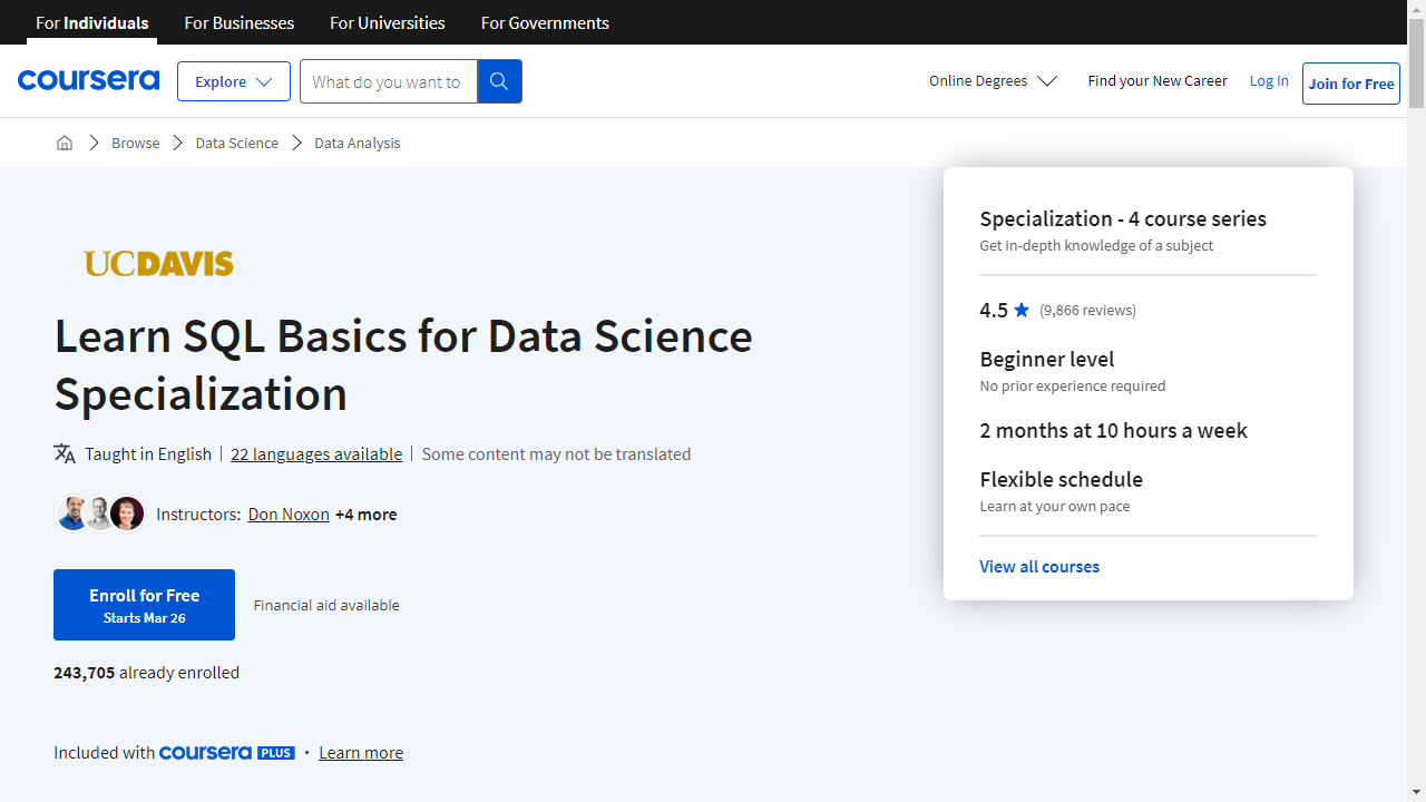 Learn SQL Basics for Data Science Specialization