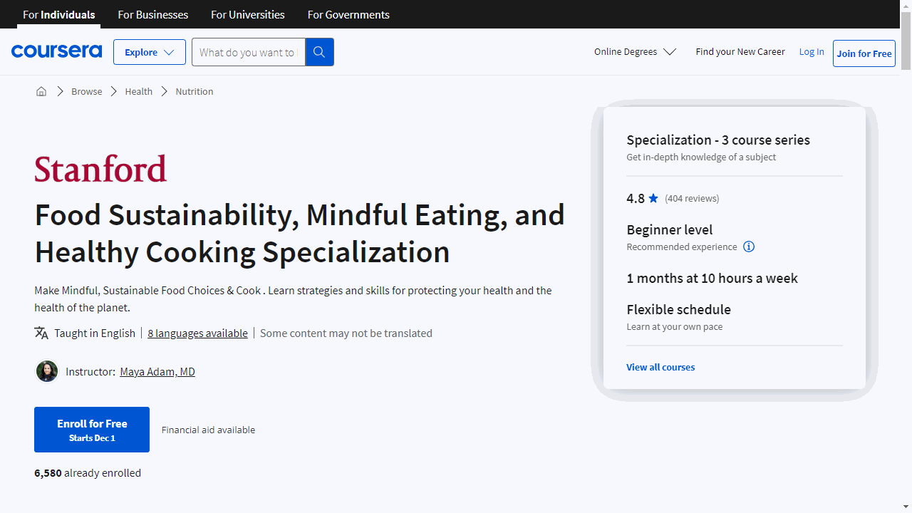 Food Sustainability, Mindful Eating, and Healthy Cooking Specialization