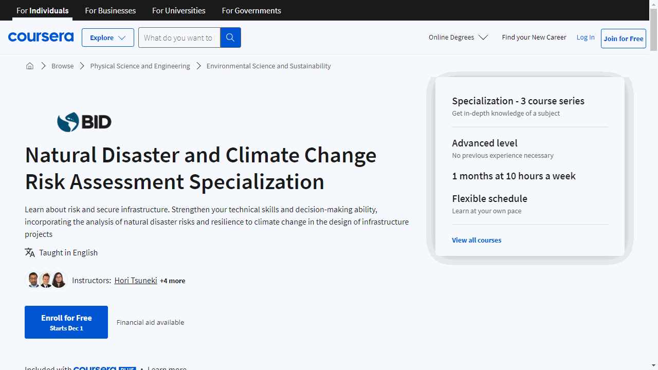 Natural Disaster and Climate Change Risk Assessment Specialization