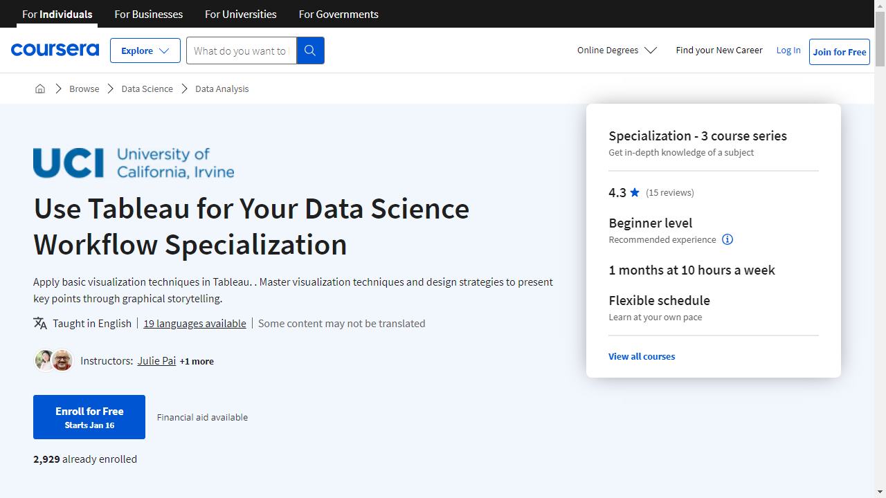 Use Tableau for Your Data Science Workflow Specialization