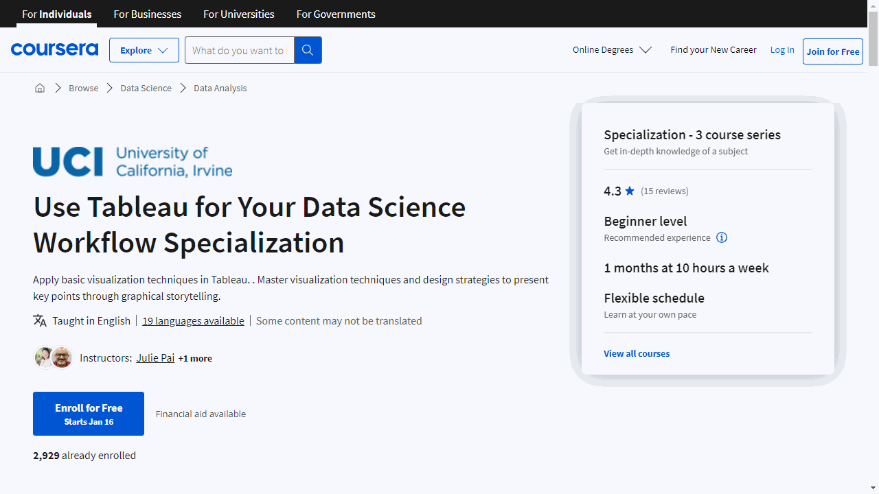 Use Tableau for Your Data Science Workflow Specialization