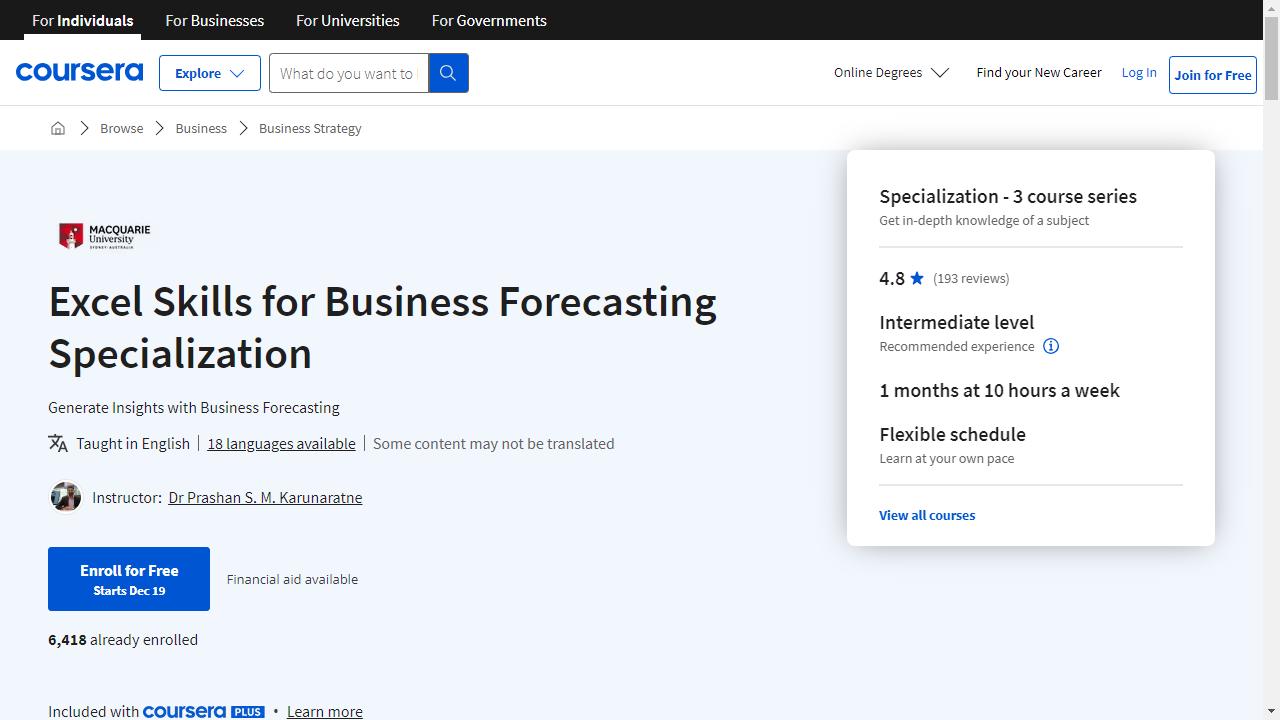 Excel Skills for Business Forecasting Specialization