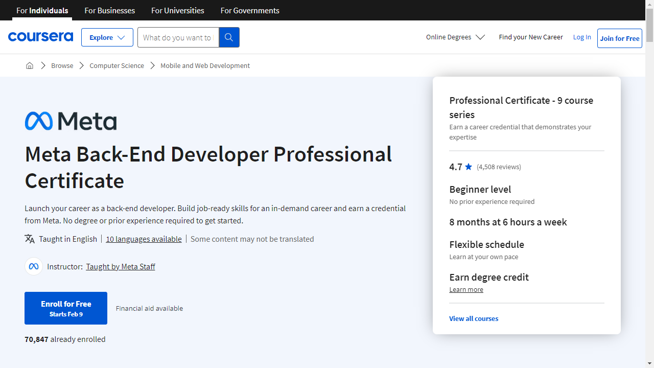 Meta Back-End Developer Professional Certificate