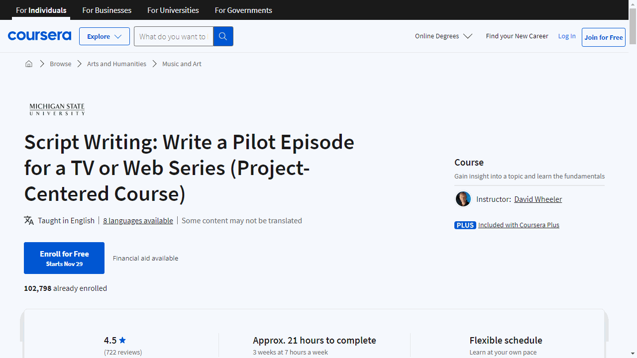 Script Writing: Write a Pilot Episode for a TV or Web Series (Project-Centered Course)