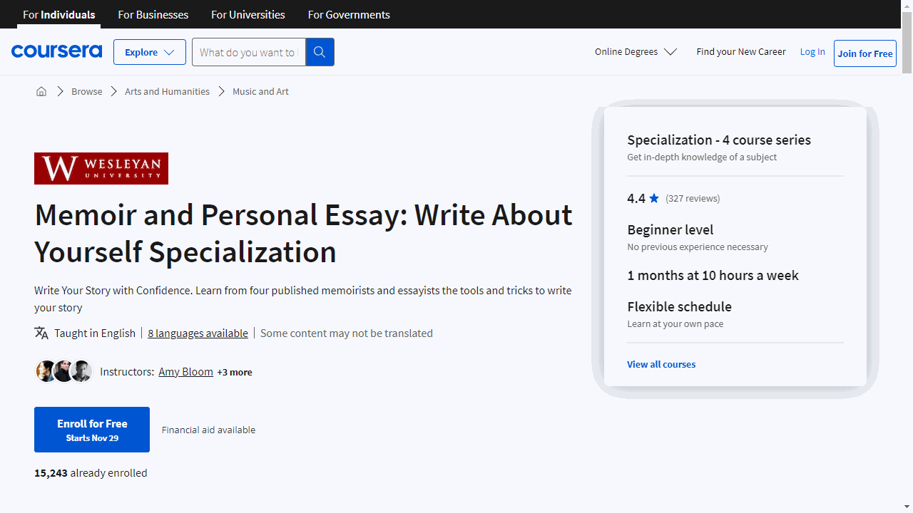 Memoir and Personal Essay: Write About Yourself Specialization