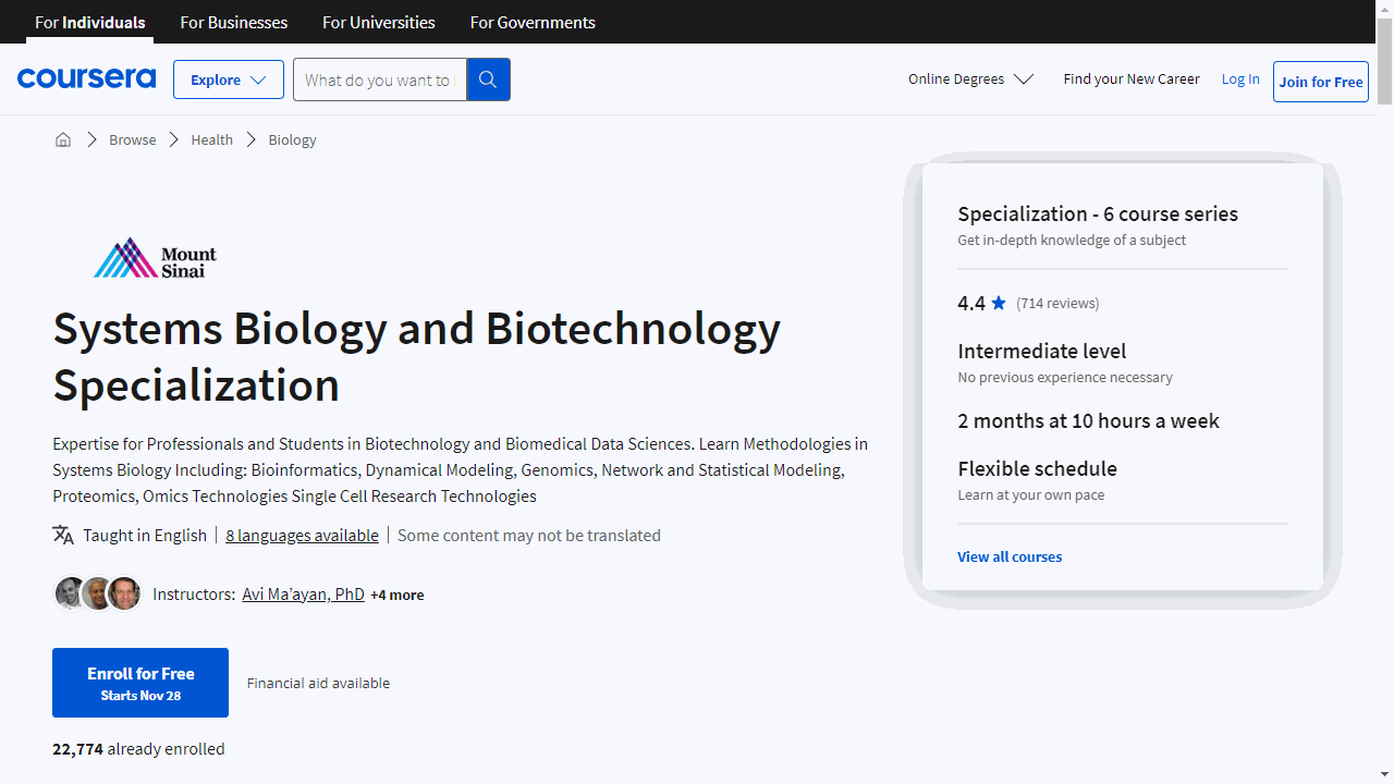 Systems Biology and Biotechnology Specialization
