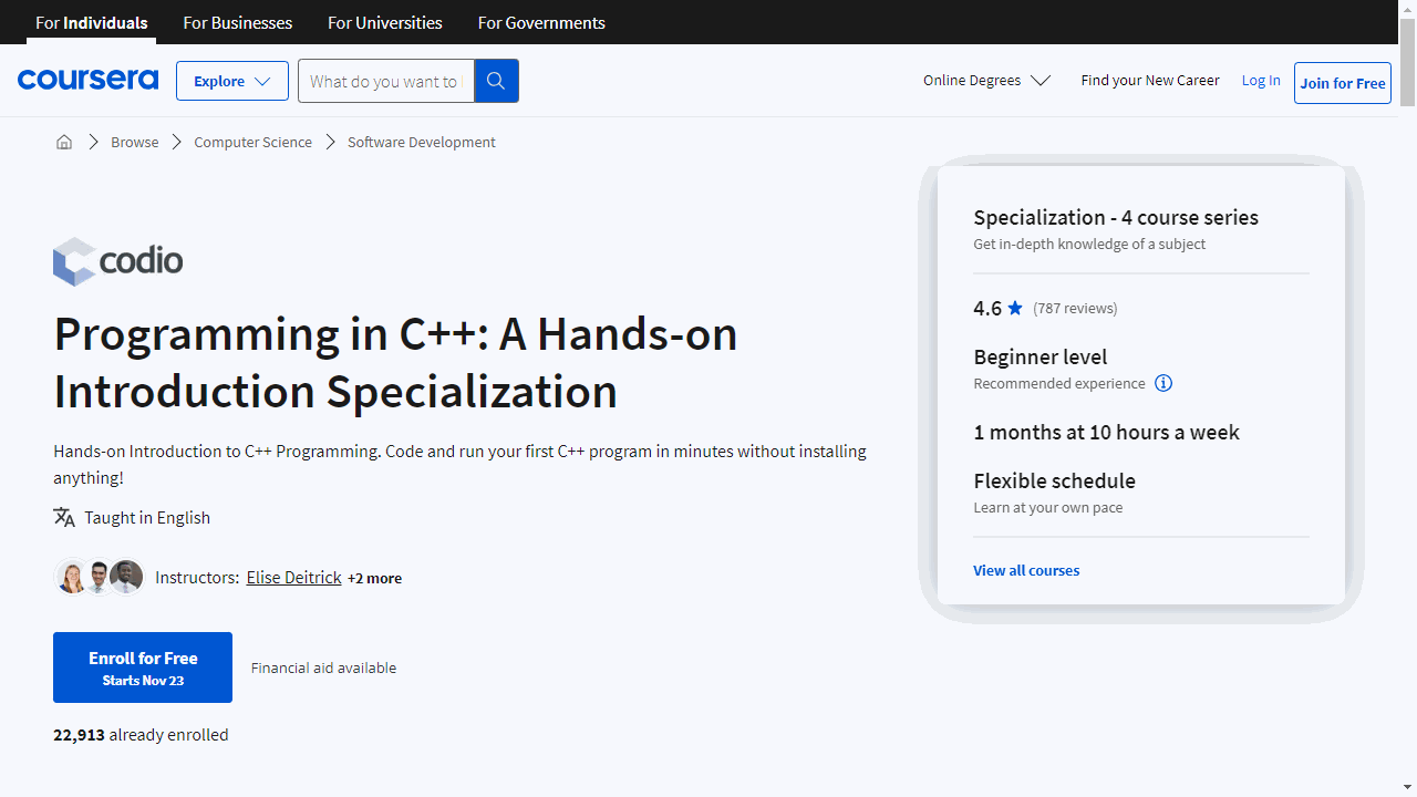 Programming in C++: A Hands-on Introduction Specialization