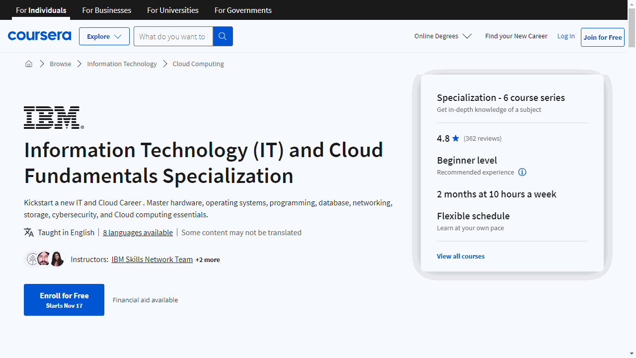Information Technology (IT) and Cloud Fundamentals Specialization