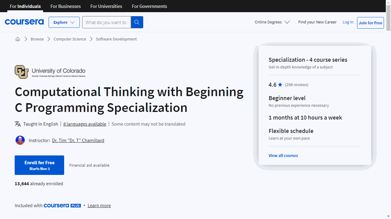 Computational Thinking with Beginning C Programming Specialization