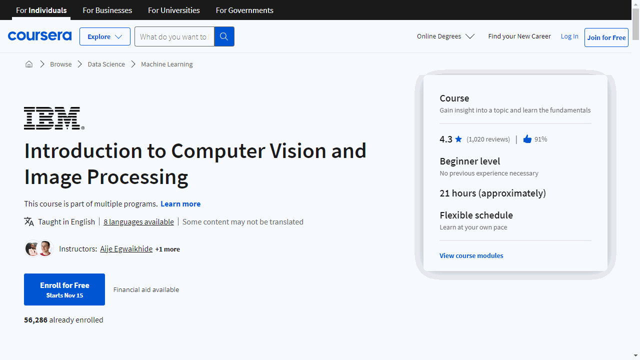 Introduction to Computer Vision and Image Processing