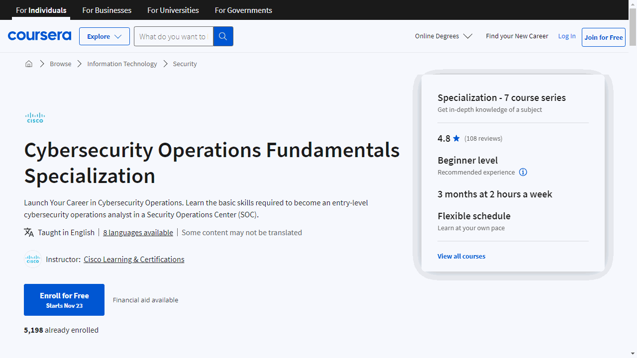 Cybersecurity Operations Fundamentals Specialization