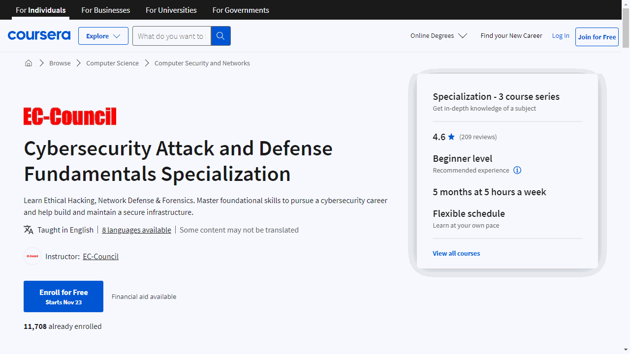 Cybersecurity Attack and Defense Fundamentals Specialization