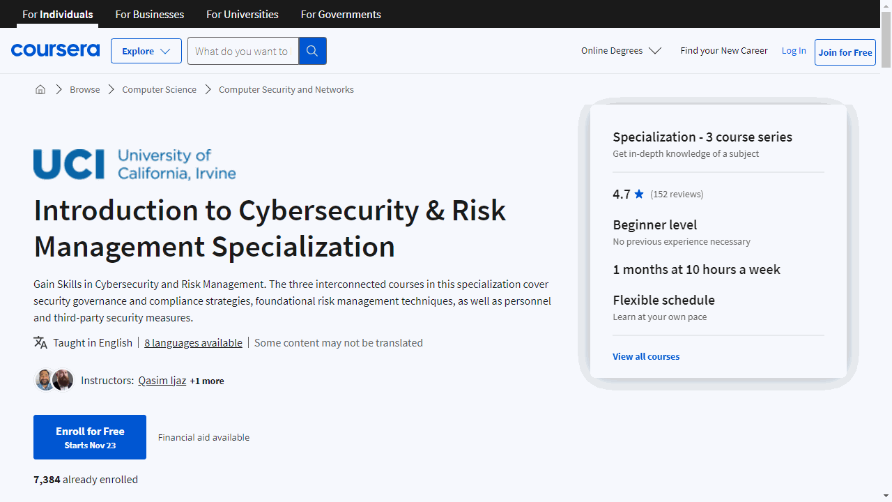 Introduction to Cybersecurity &amp; Risk Management Specialization
