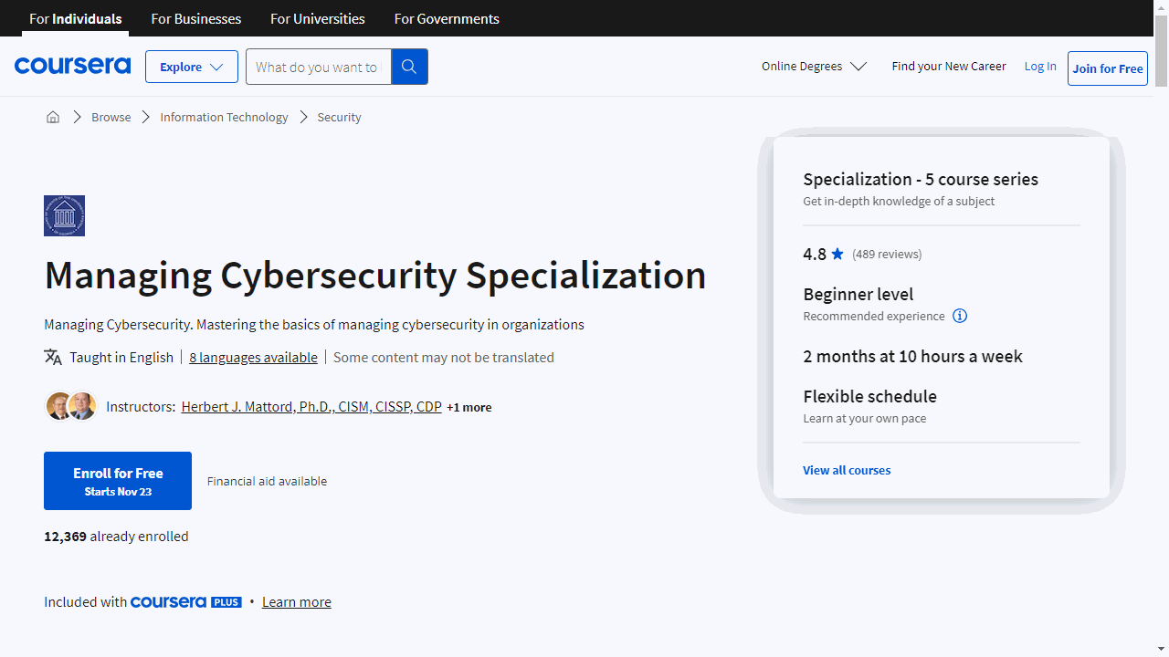 Managing Cybersecurity Specialization