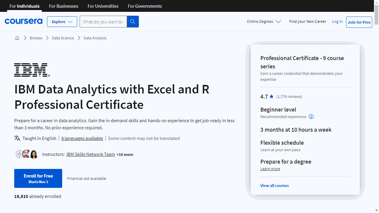 IBM Data Analytics with Excel and R Professional Certificate
