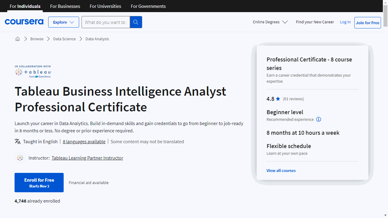 Tableau Business Intelligence Analyst Professional Certificate