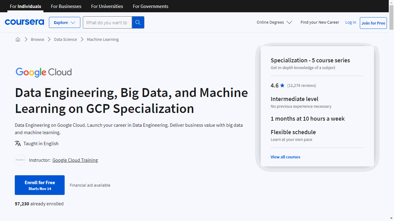 Data Engineering, Big Data, and Machine Learning on GCP Specialization