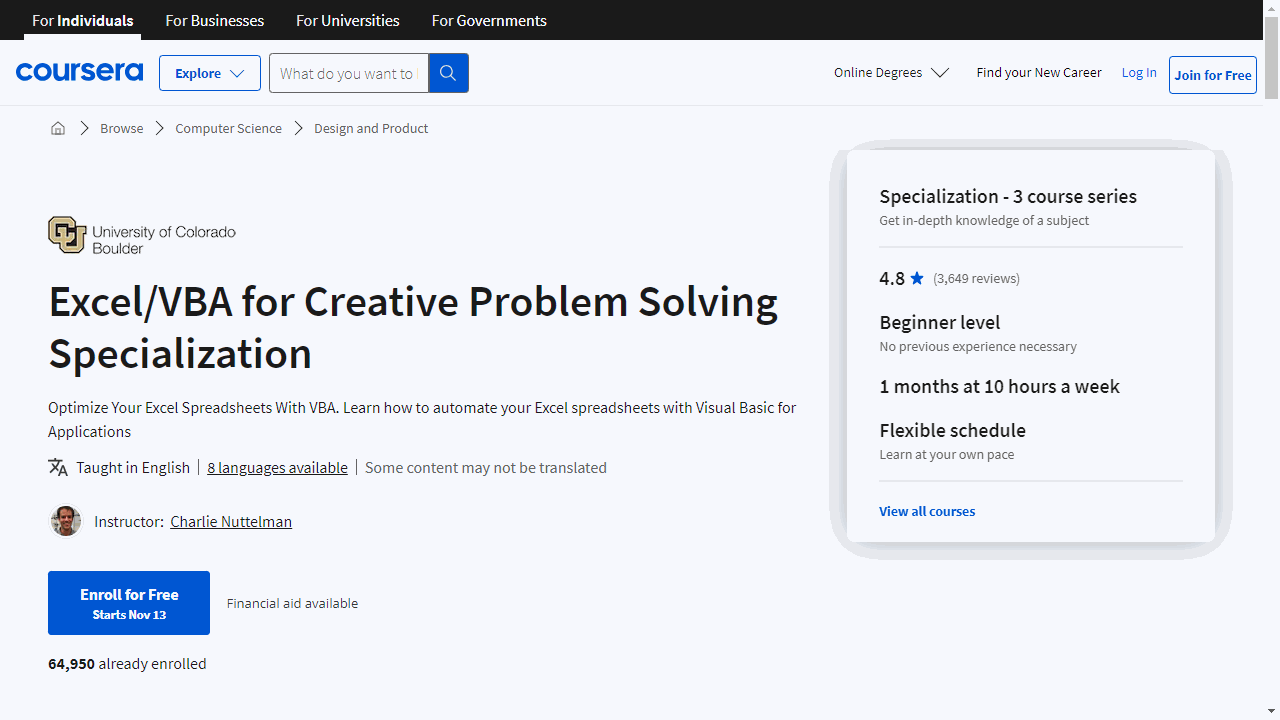 Excel/VBA for Creative Problem Solving Specialization