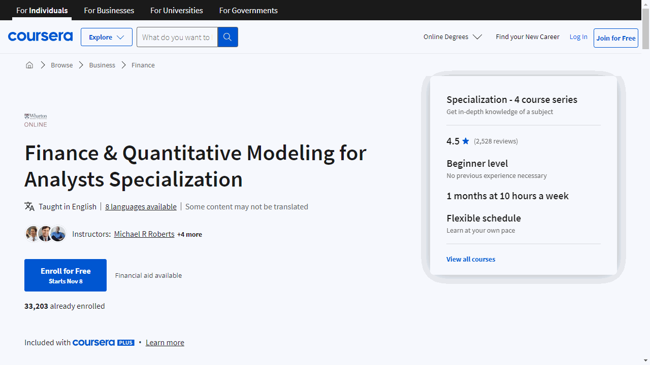 Finance &amp; Quantitative Modeling for Analysts Specialization