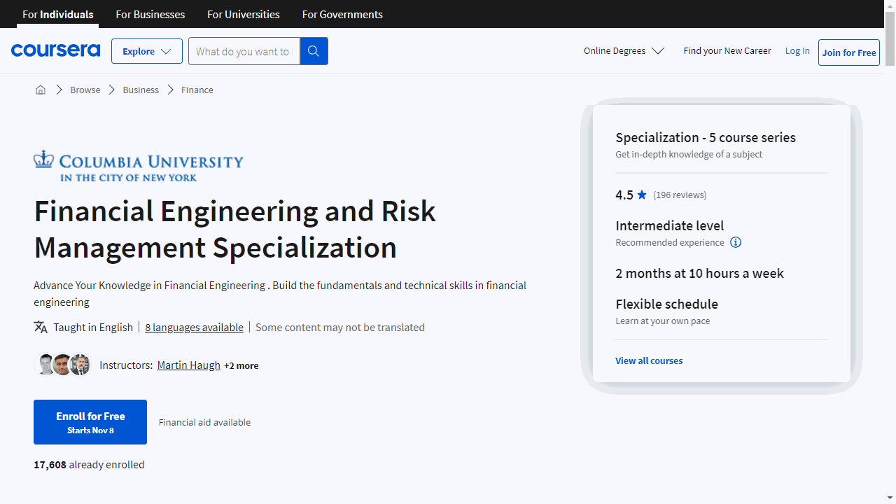 Financial Engineering and Risk Management Specialization