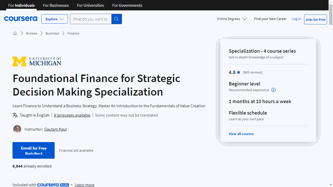 Foundational Finance for Strategic Decision Making Specialization