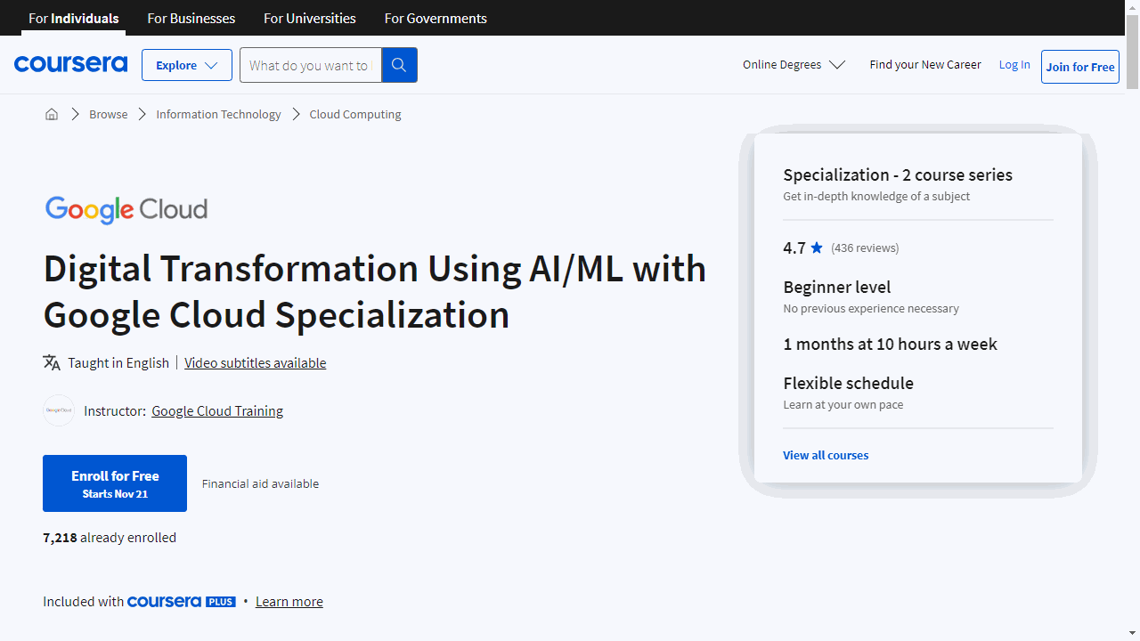 Digital Transformation Using AI/ML with Google Cloud Specialization