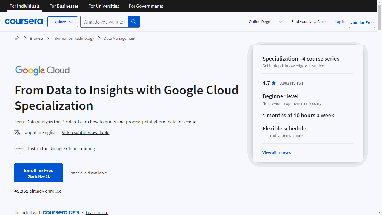 From Data to Insights with Google Cloud Specialization