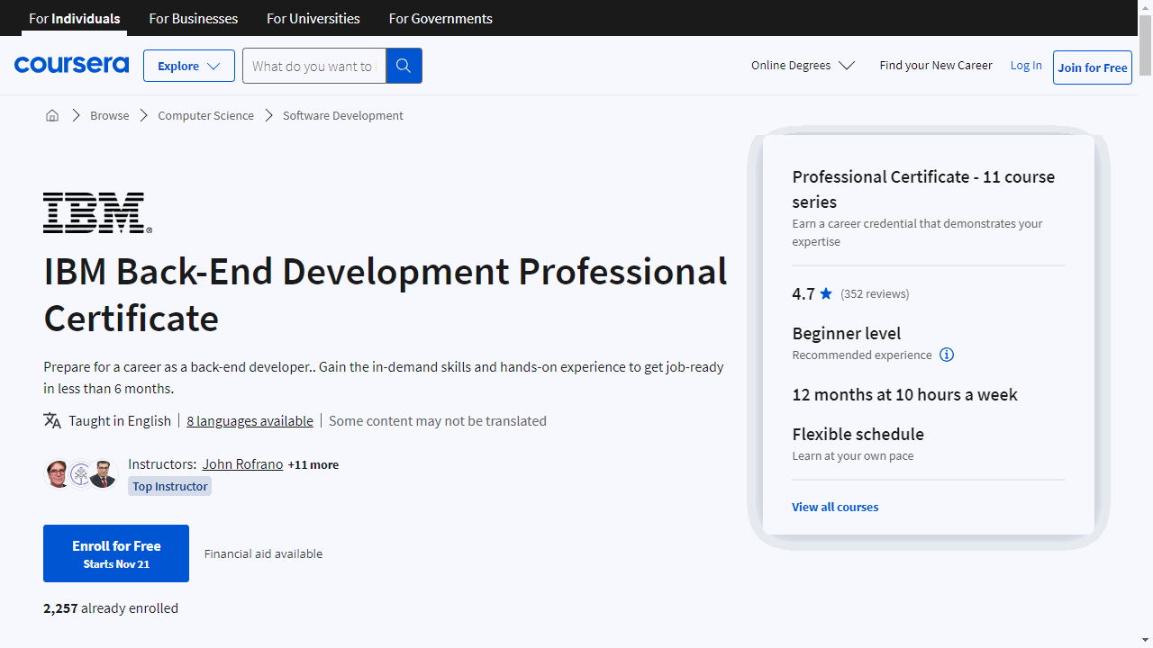 IBM Back-End Development Professional Certificate