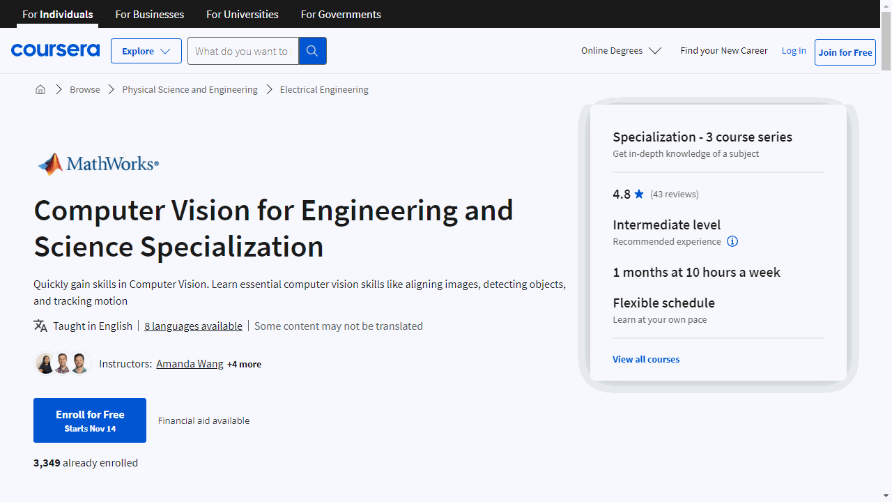 Computer Vision for Engineering and Science Specialization