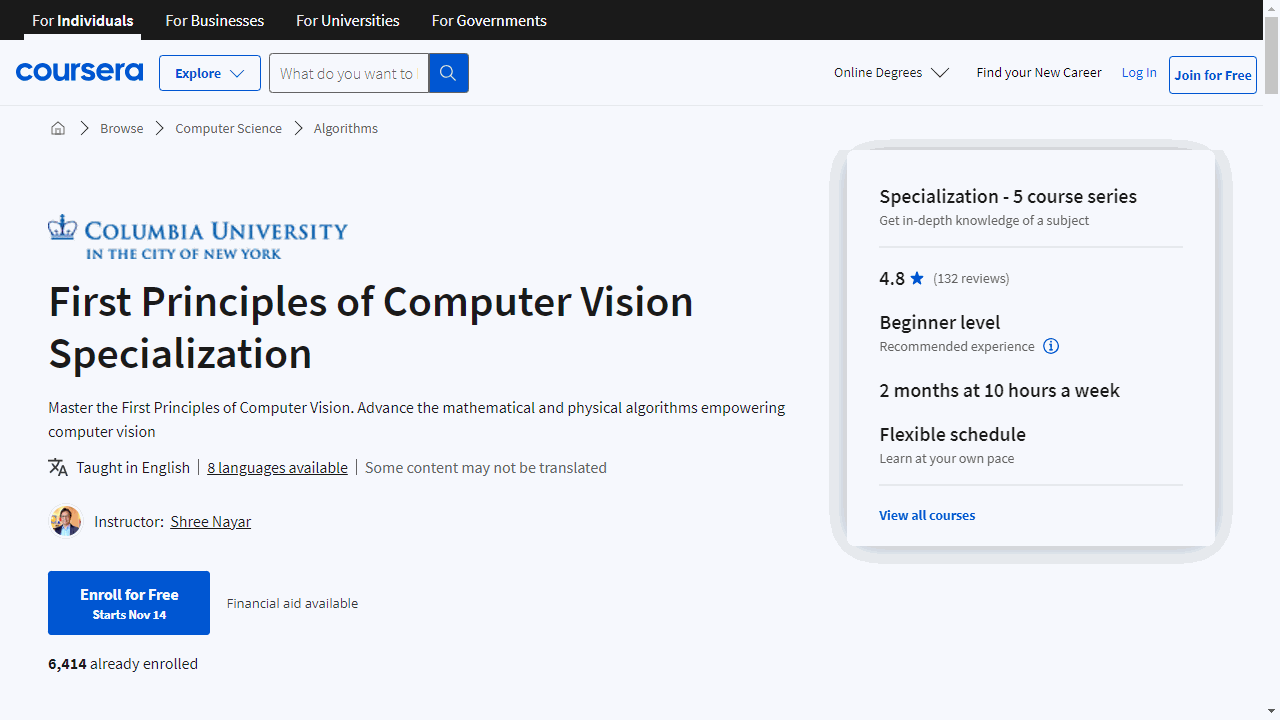 First Principles of Computer Vision Specialization