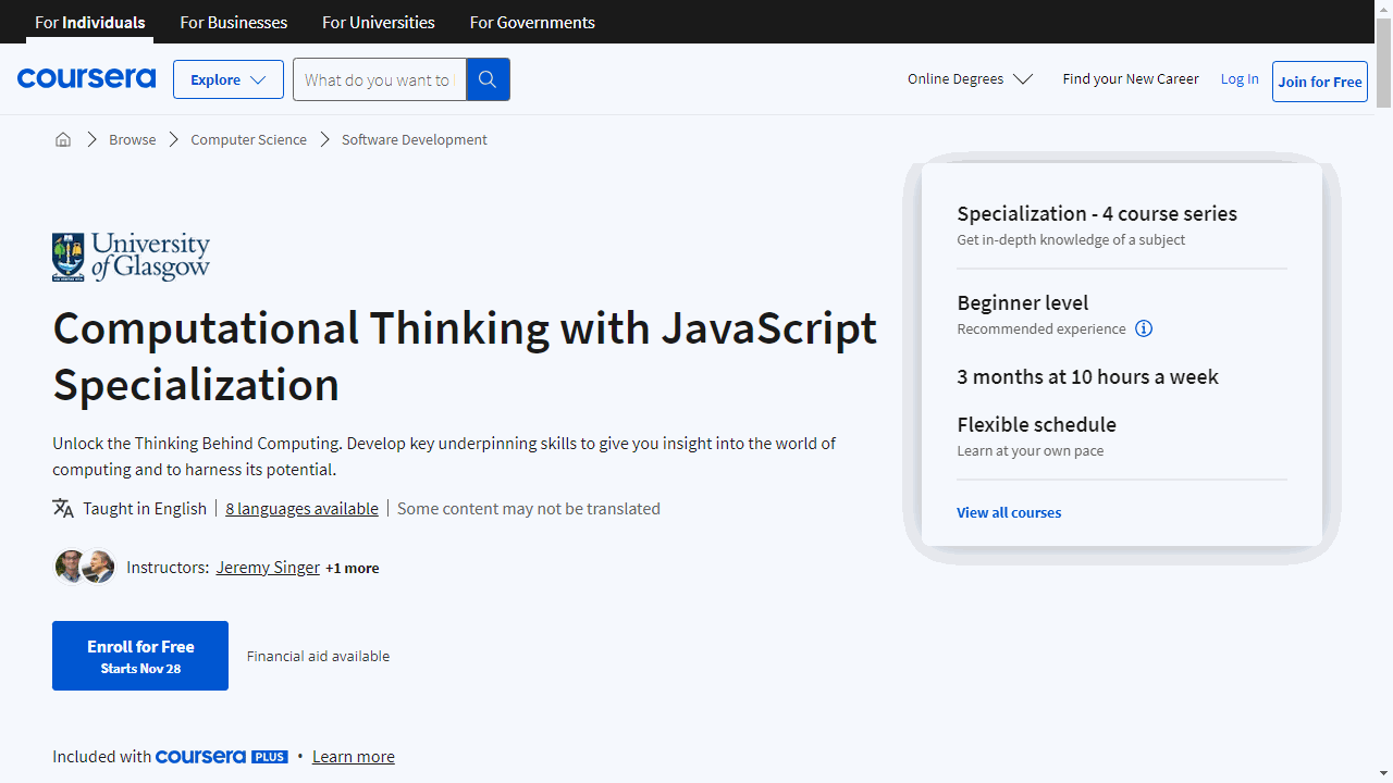 Computational Thinking with JavaScript  Specialization