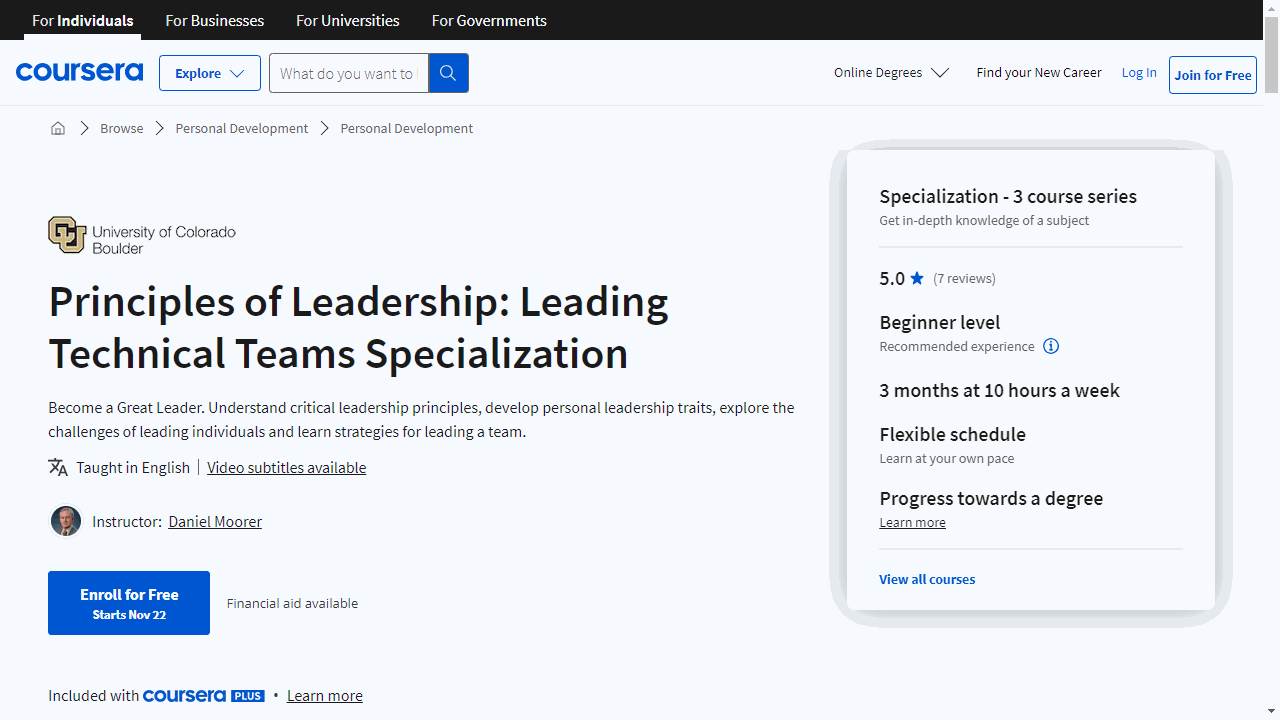 Principles of Leadership: Leading Technical Teams Specialization