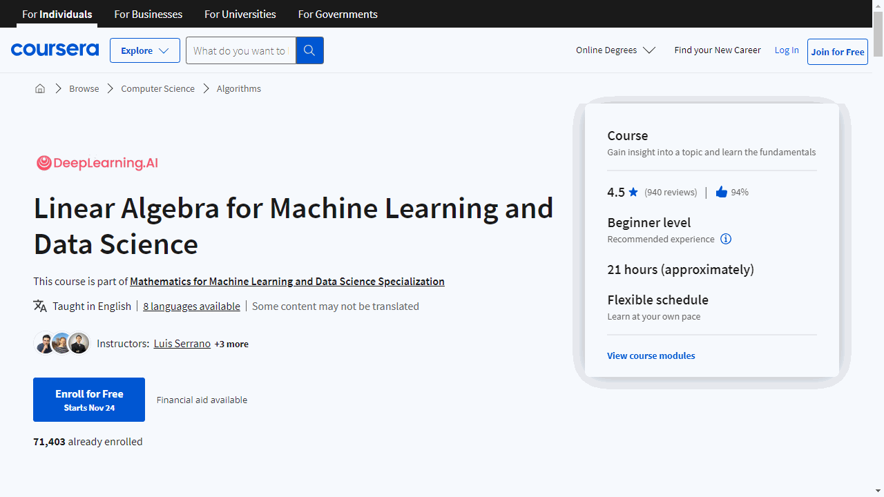 Linear Algebra for Machine Learning and Data Science