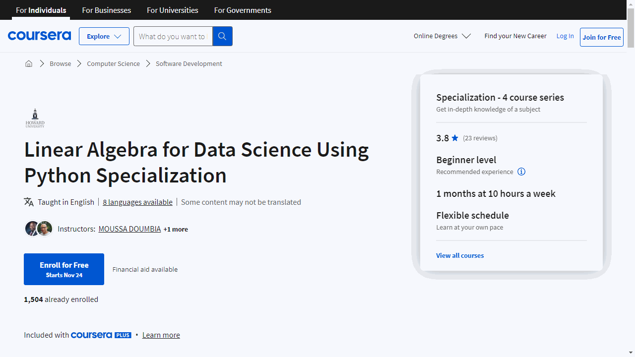 Linear Algebra for Data Science Using Python Specialization