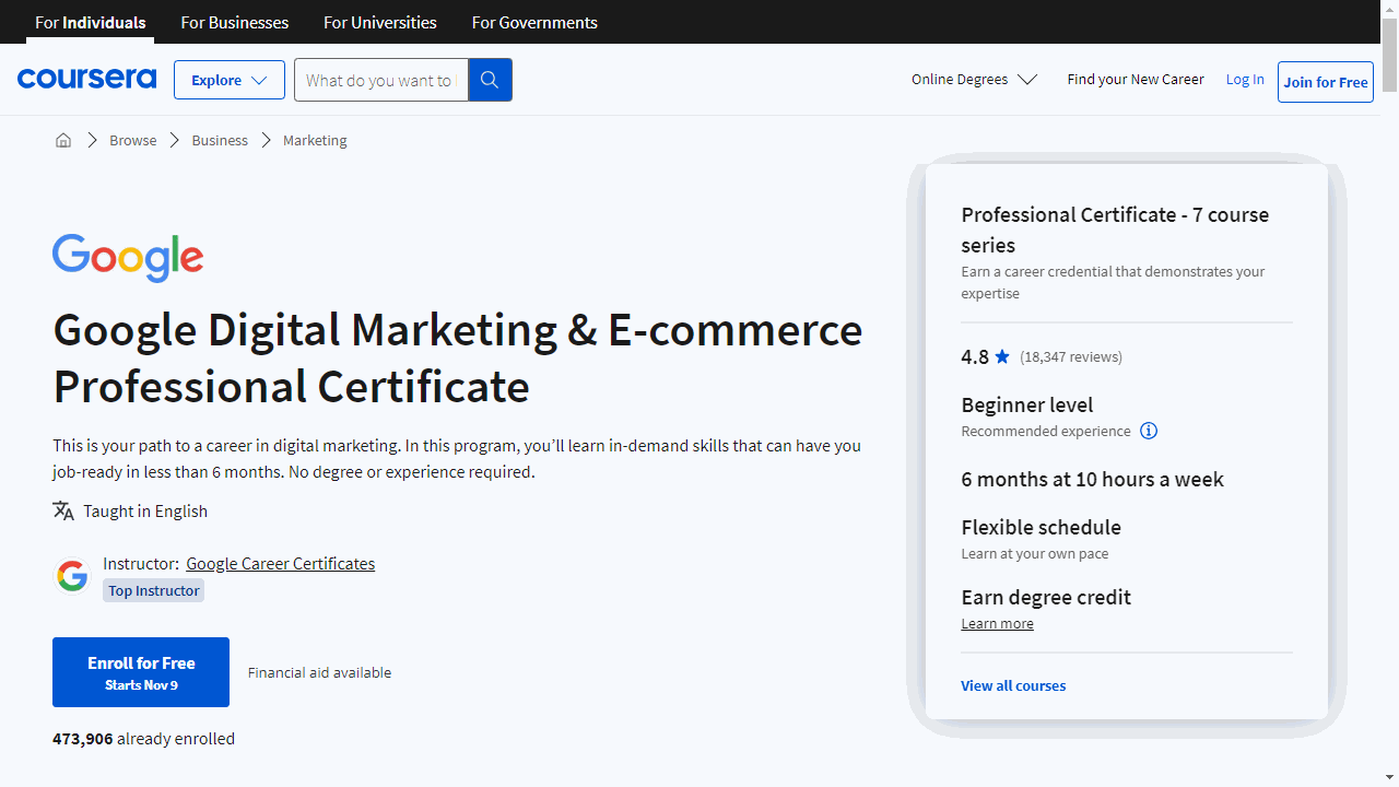 Google Digital Marketing &amp; E-commerce Professional Certificate