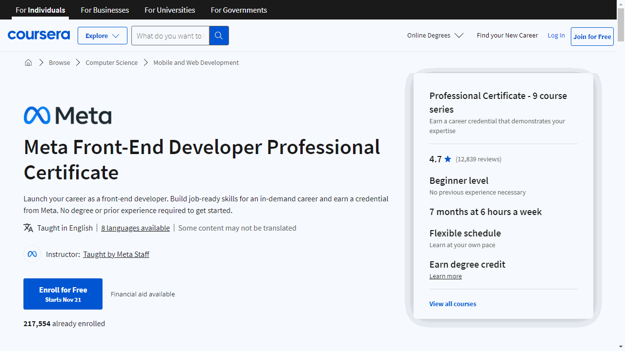 Meta Front-End Developer Professional Certificate