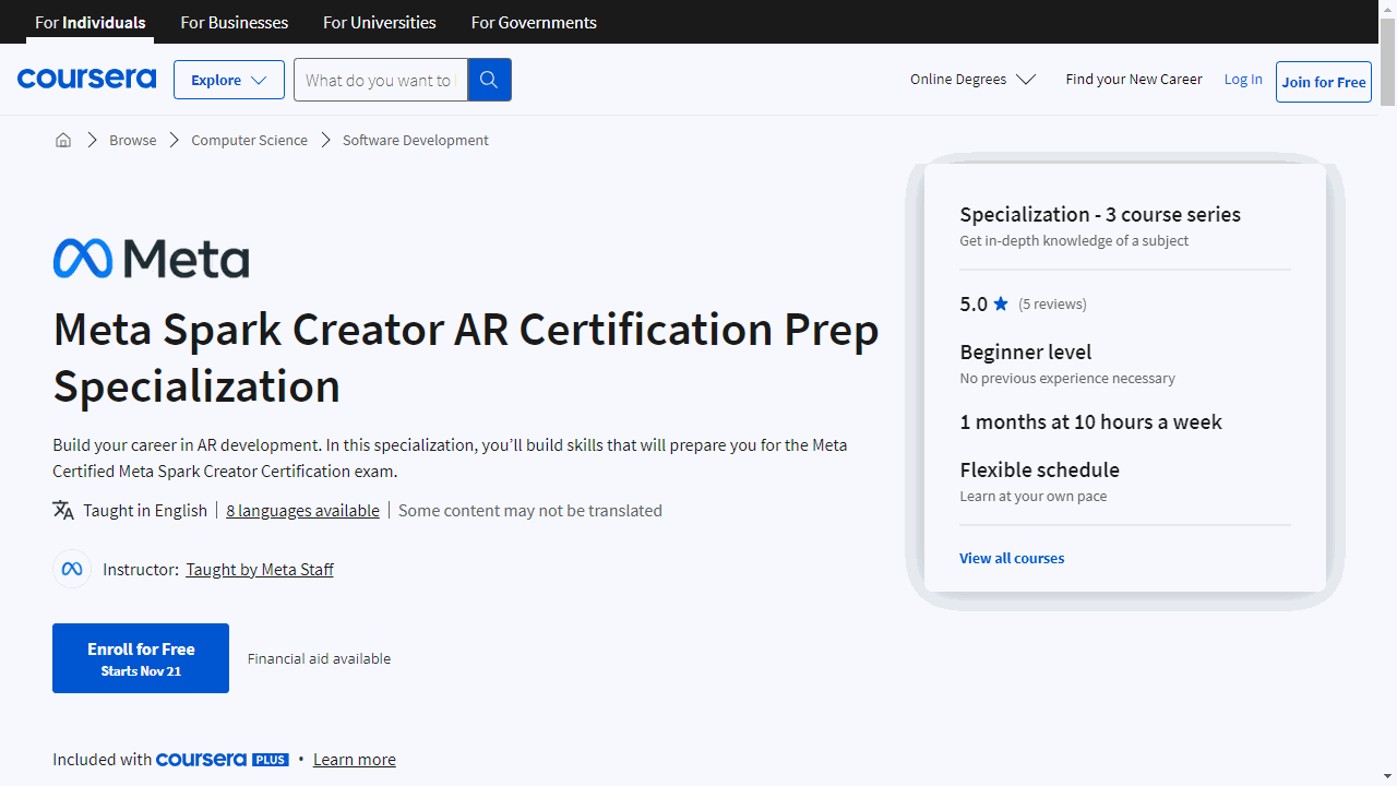 Meta Spark Creator AR Certification Prep Specialization
