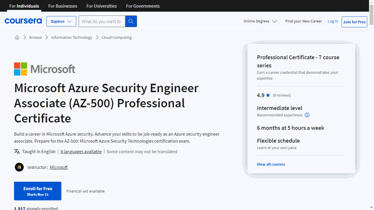 Microsoft Azure Security Engineer Associate (AZ-500) Professional Certificate