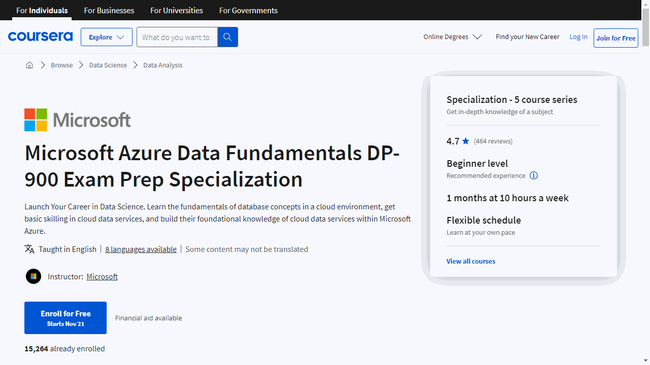 Microsoft Azure Data Fundamentals DP-900 Exam Prep Specialization