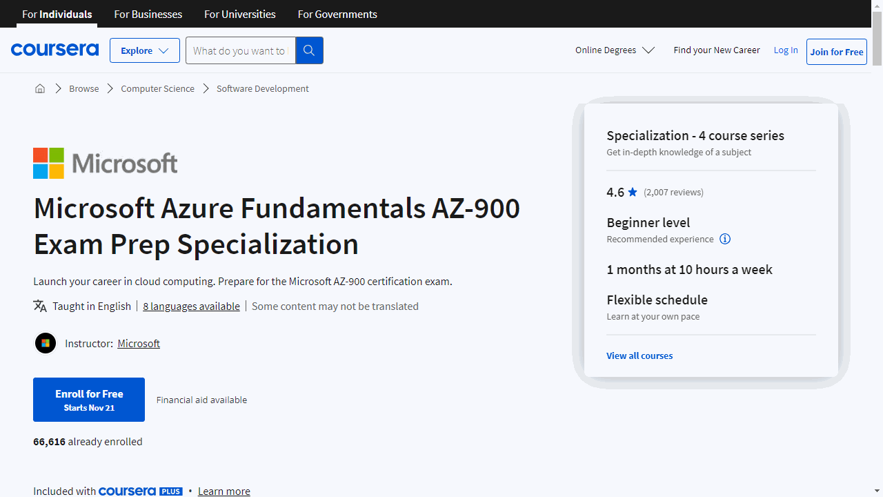 Microsoft Azure Fundamentals AZ-900 Exam Prep Specialization