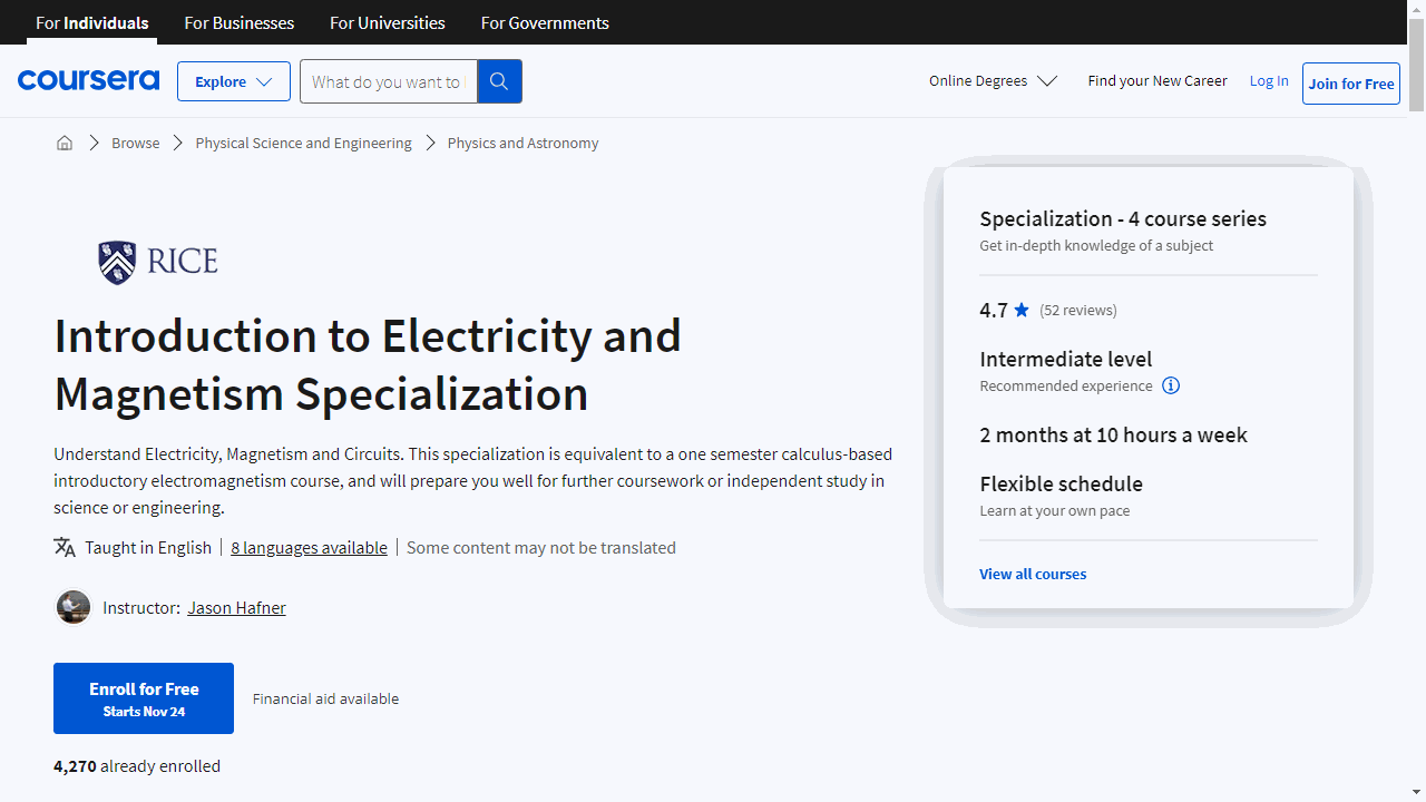 Introduction to Electricity and Magnetism Specialization