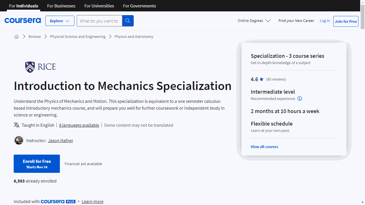 Introduction to Mechanics Specialization