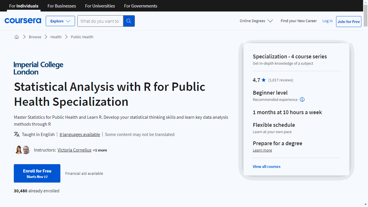 Statistical Analysis with R for Public Health Specialization