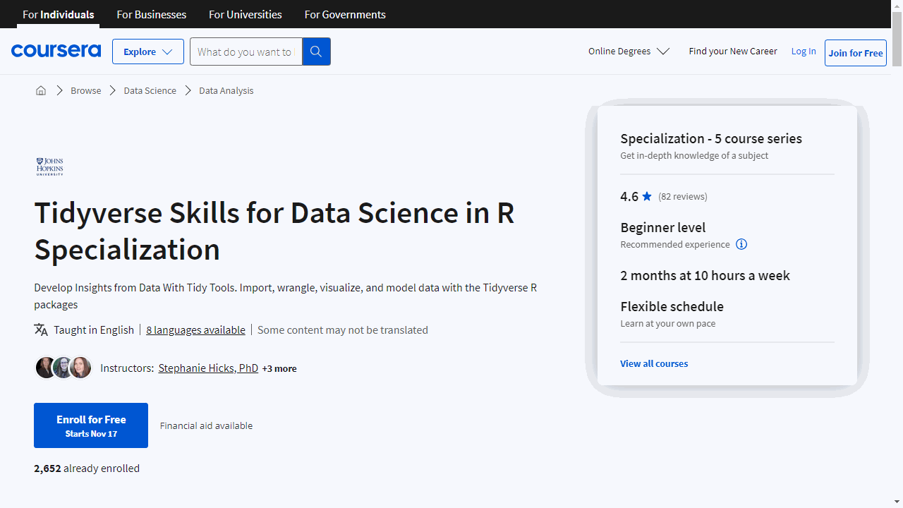 Tidyverse Skills for Data Science in R Specialization