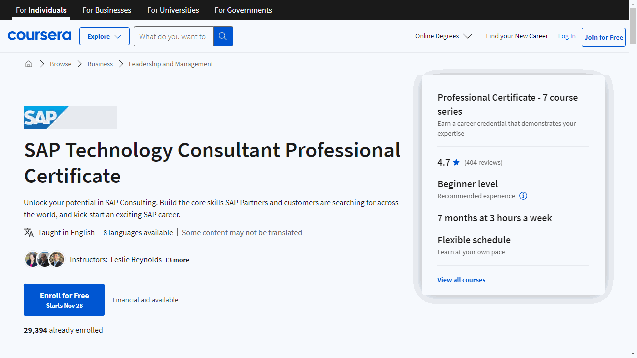 SAP Technology Consultant  Professional Certificate
