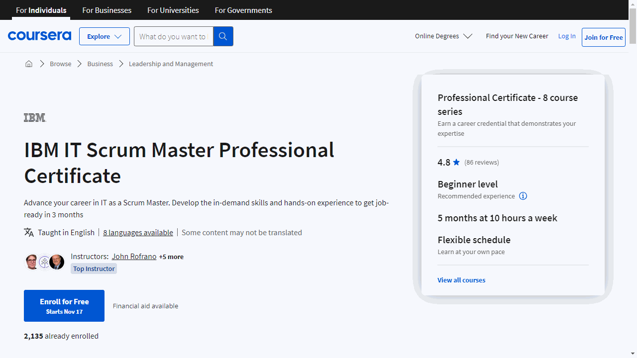 IBM IT Scrum Master Professional Certificate