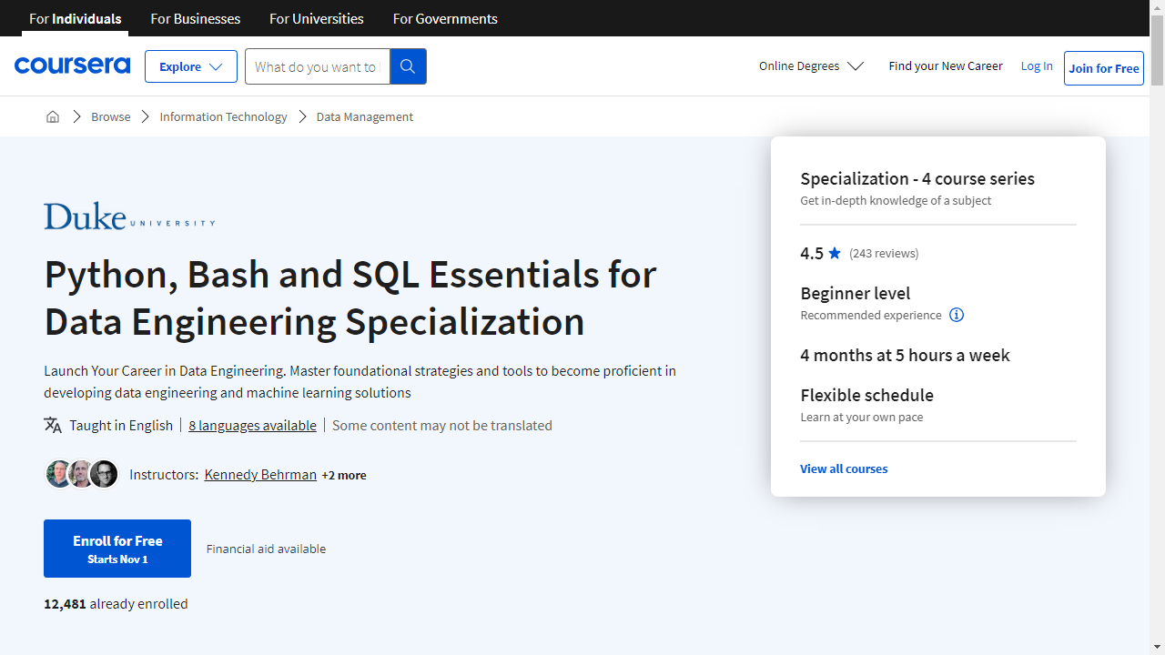 Python, Bash and SQL Essentials for Data Engineering Specialization